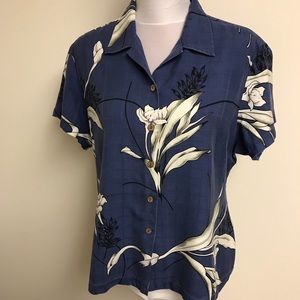 HILO HATTIE Blue Silk Hawaiian Button Down Shirt